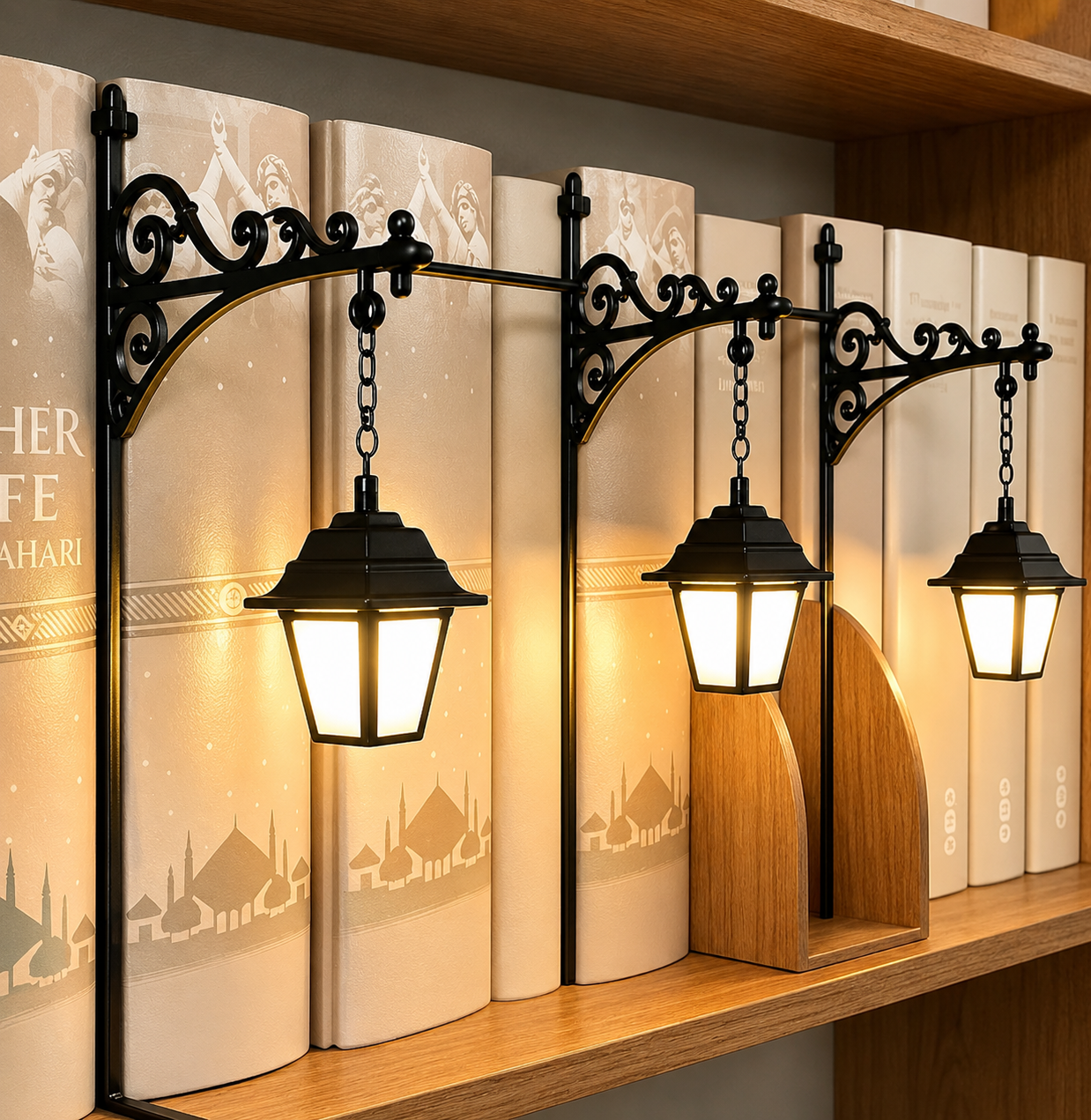 Tres lámparas Lumen entre libros